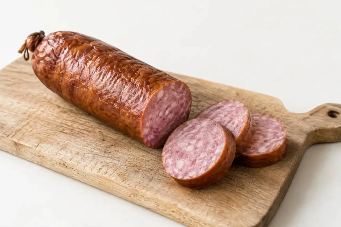 Saucisse de Morteau cuite présentée sur une planche en bois