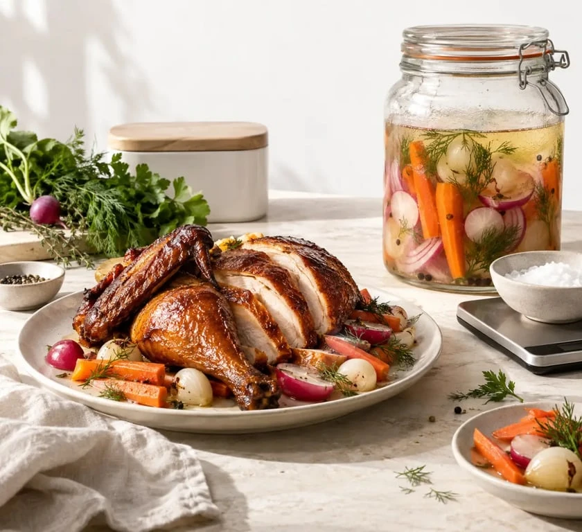 Saumure recettes : volaille fumée et légumes marinés préparés avec une saumure aromatique