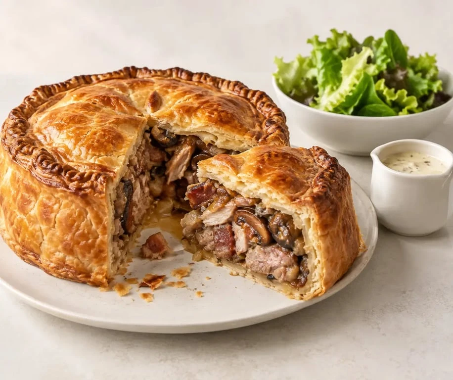 Recette de la gouline angevine dorée avec rillauds, champignons et sauce à la tomme