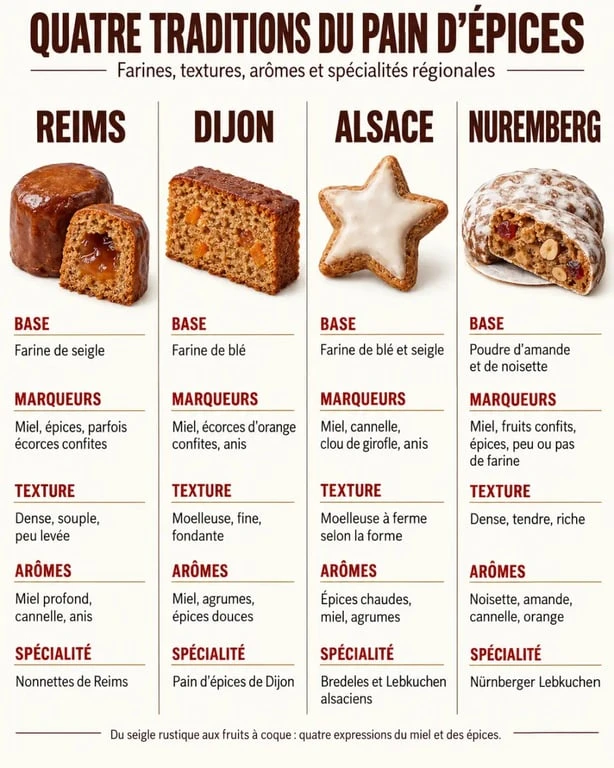 Comparaison visuelle des traditions de Reims, Dijon, Alsace et Nuremberg dans l’origine du pain d épices