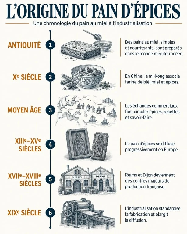 Chronologie visuelle sur l’origine du pain d épices, de l’Antiquité à l’industrialisation