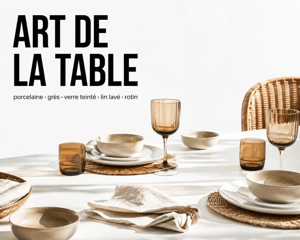 Art table : table dressée élégante mêlant porcelaine, grès, lin lavé et verre teinté