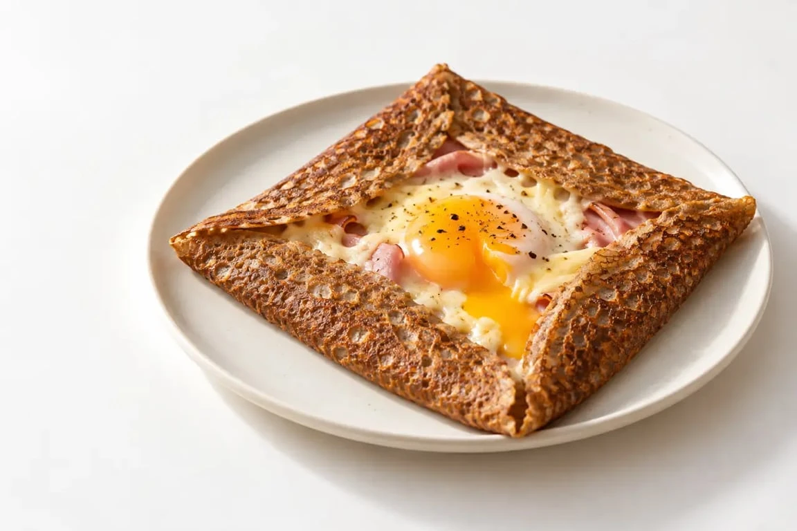 Crêpes salées bretonnes, galette complète au sarrasin avec œuf, jambon et fromage