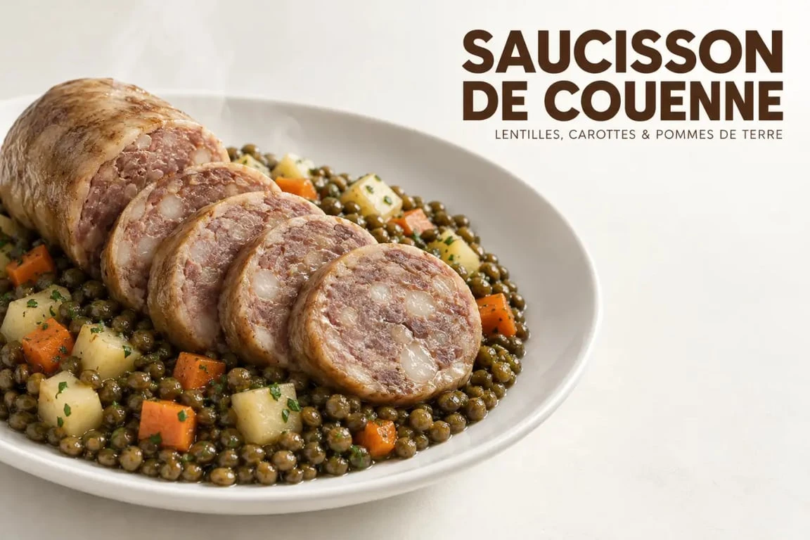 Cuisson saucisson de couenne servi tranché avec lentilles et pommes de terre