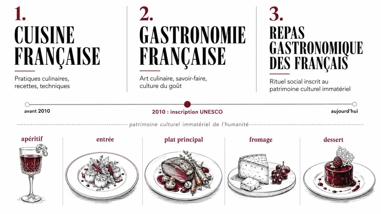 Cuisine française UNESCO : schéma comparatif du repas gastronomique des Français, de la gastronomie française et de l’inscription UNESCO de 2010