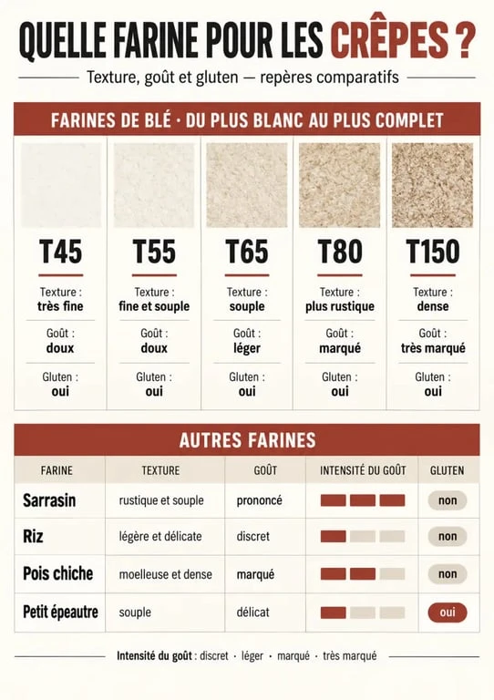 Infographie quelle farine pour les crêpes : comparaison des farines T45, T55, T65, sarrasin et sans gluten