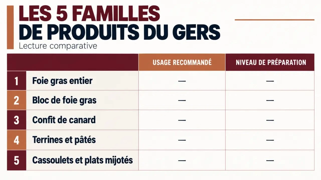 Infographie comparative des produits du Gers Au Village selon leur usage et leur préparation