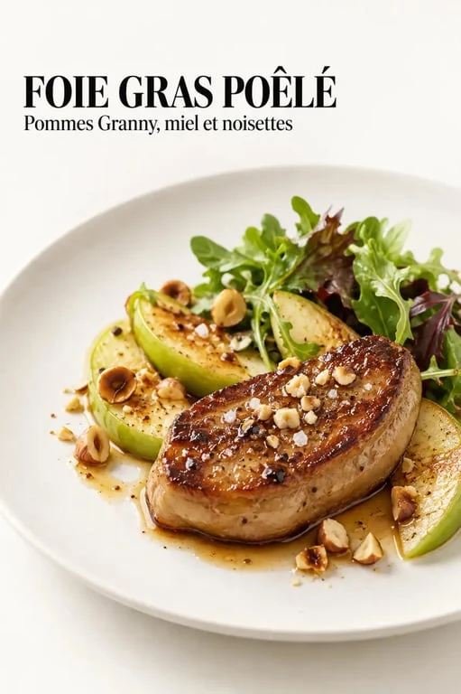 Recette avec foie gras en entrée : foie gras poêlé, pommes Granny, mesclun et noisettes