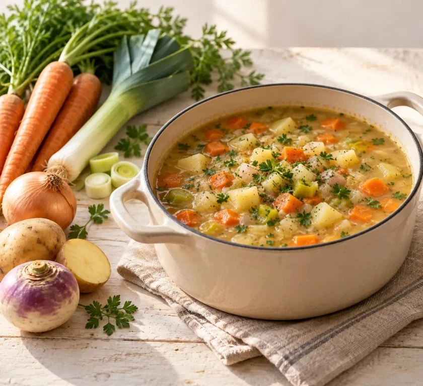 Recette soupe legume grand mere, soupe rustique de légumes maison avec carotte, poireau et pomme de terre