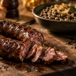 Figatelle corse cuite à cœur sur planche en bois, lentilles et oignons