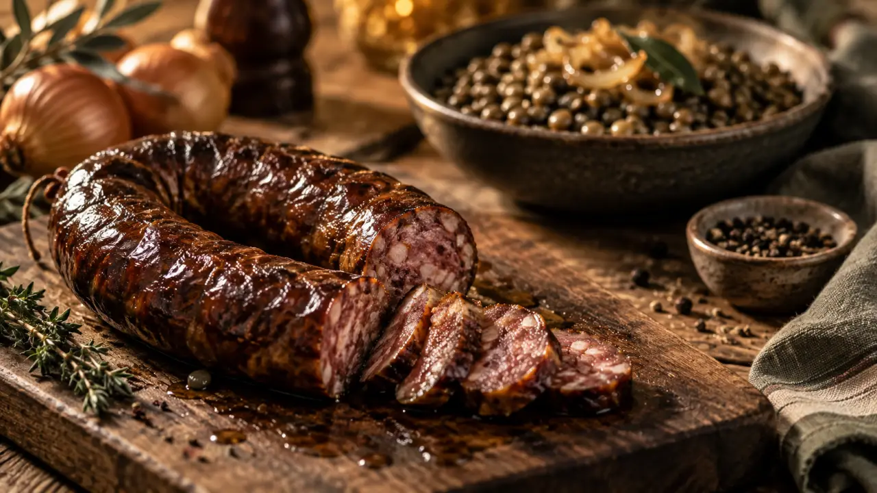 Figatelle corse cuite à cœur sur planche en bois, lentilles et oignons