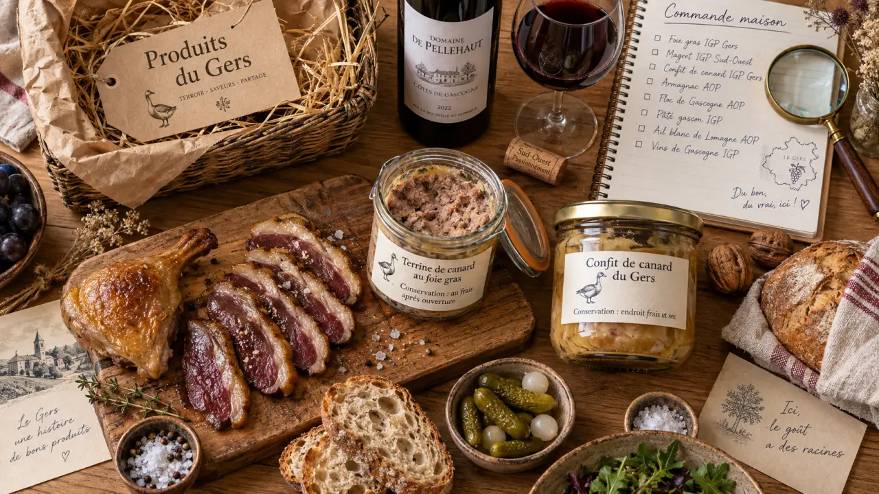 Produits du Gers en ligne : panier de fête, canard confit et vin