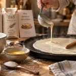 Quelle farine pour les crepes : farine T55 tamisée et pâte à crêpes sur une crêpière