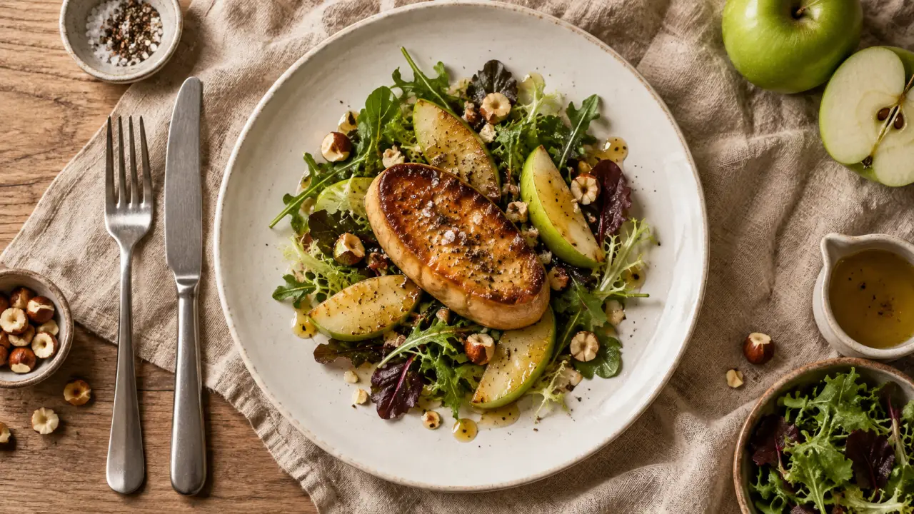 Recette avec foie gras en entrée : foie gras poêlé, pommes tièdes, mesclun