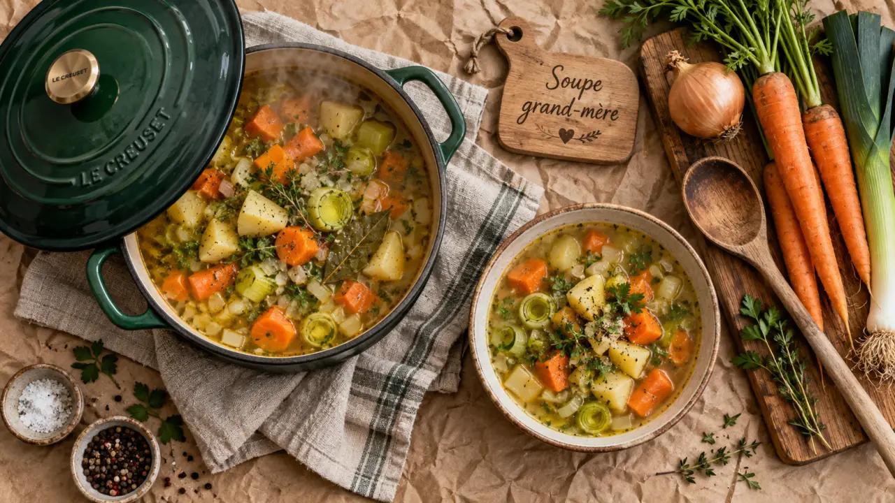 Recette soupe legume grand mere : soupe rustique aux légumes, cocotte et bol