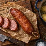 Saucisse de morteau cuite sur planche en bois, tranches et boyau naturel. Chef ne doit jamais piquer la saucisse.