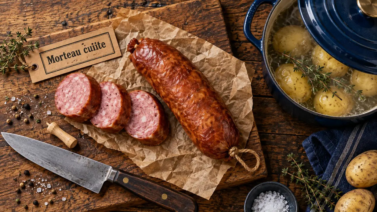 Saucisse de morteau cuite sur planche en bois, tranches et boyau naturel. Chef ne doit jamais piquer la saucisse.