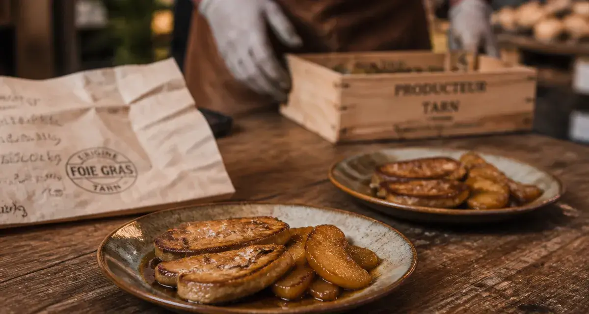 Vente foie gras tarn : tranches de foie gras poêlée, circuit court fermier