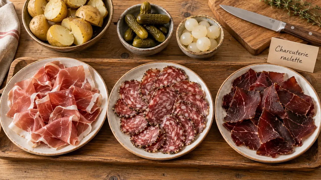 Charcuterie pour raclette : plateau de jambon, rosette et viande séchée