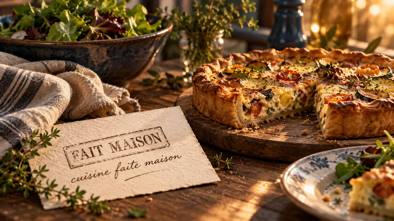 Cuisine fait maison : carte “FAIT MAISON” sur une table, quiche et salade