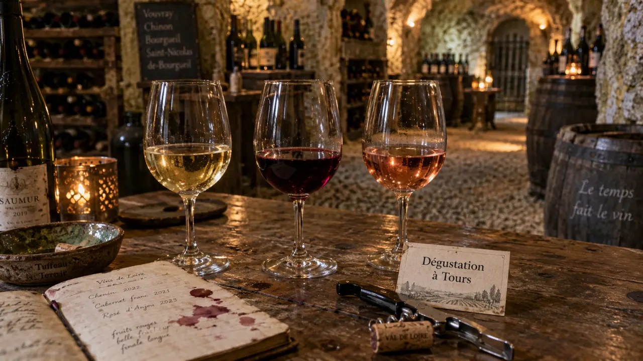 Dégustation vin tours en cave troglodyte : trois verres et carnet