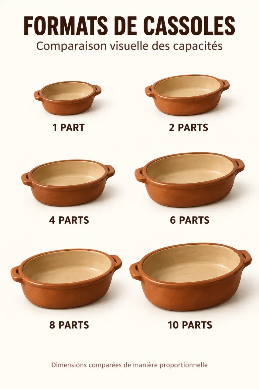 Infographie des formats de cassole en terre cuite selon le nombre de parts