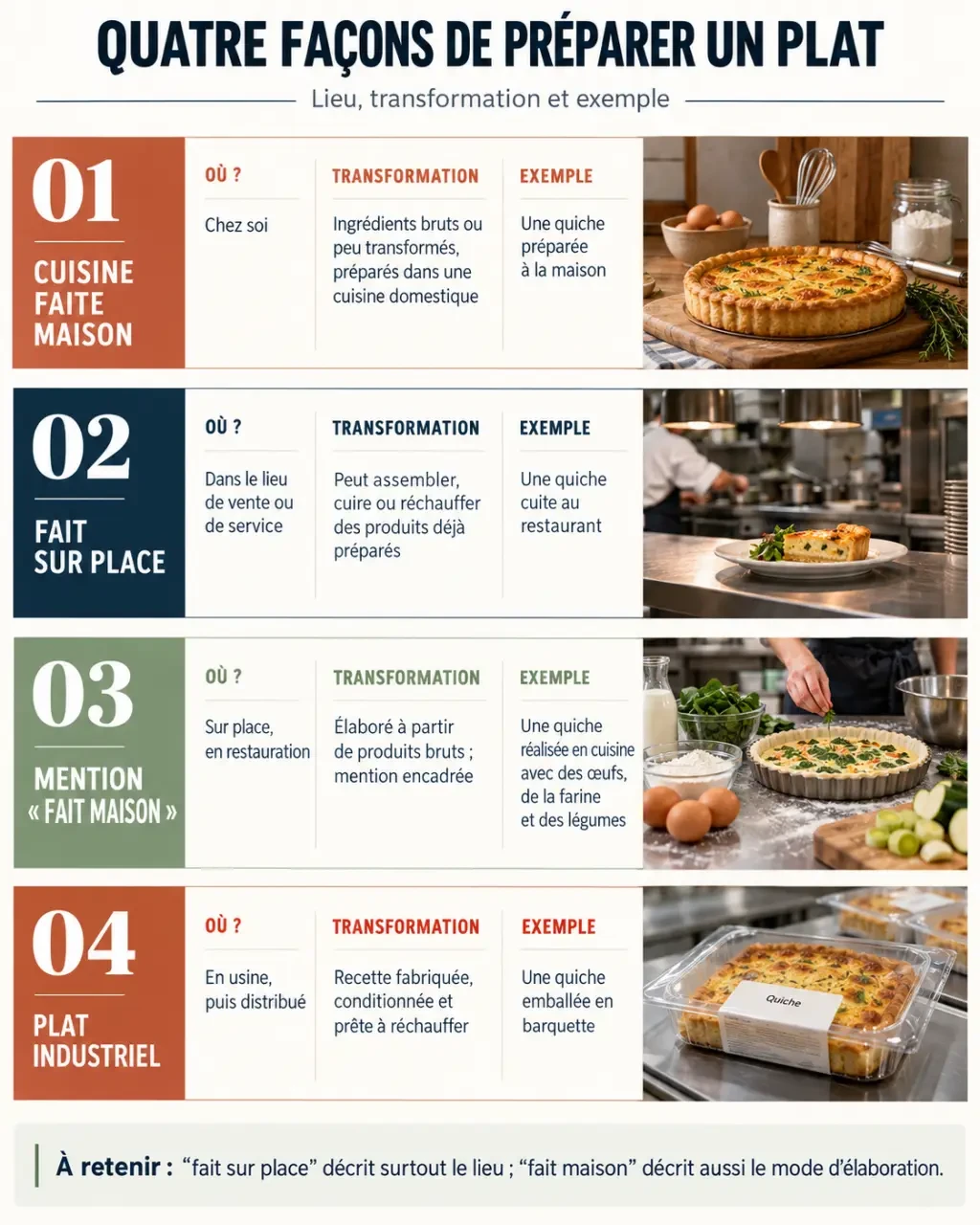 Infographie sur la cuisine fait maison, le fait sur place, la mention fait maison et le plat industriel