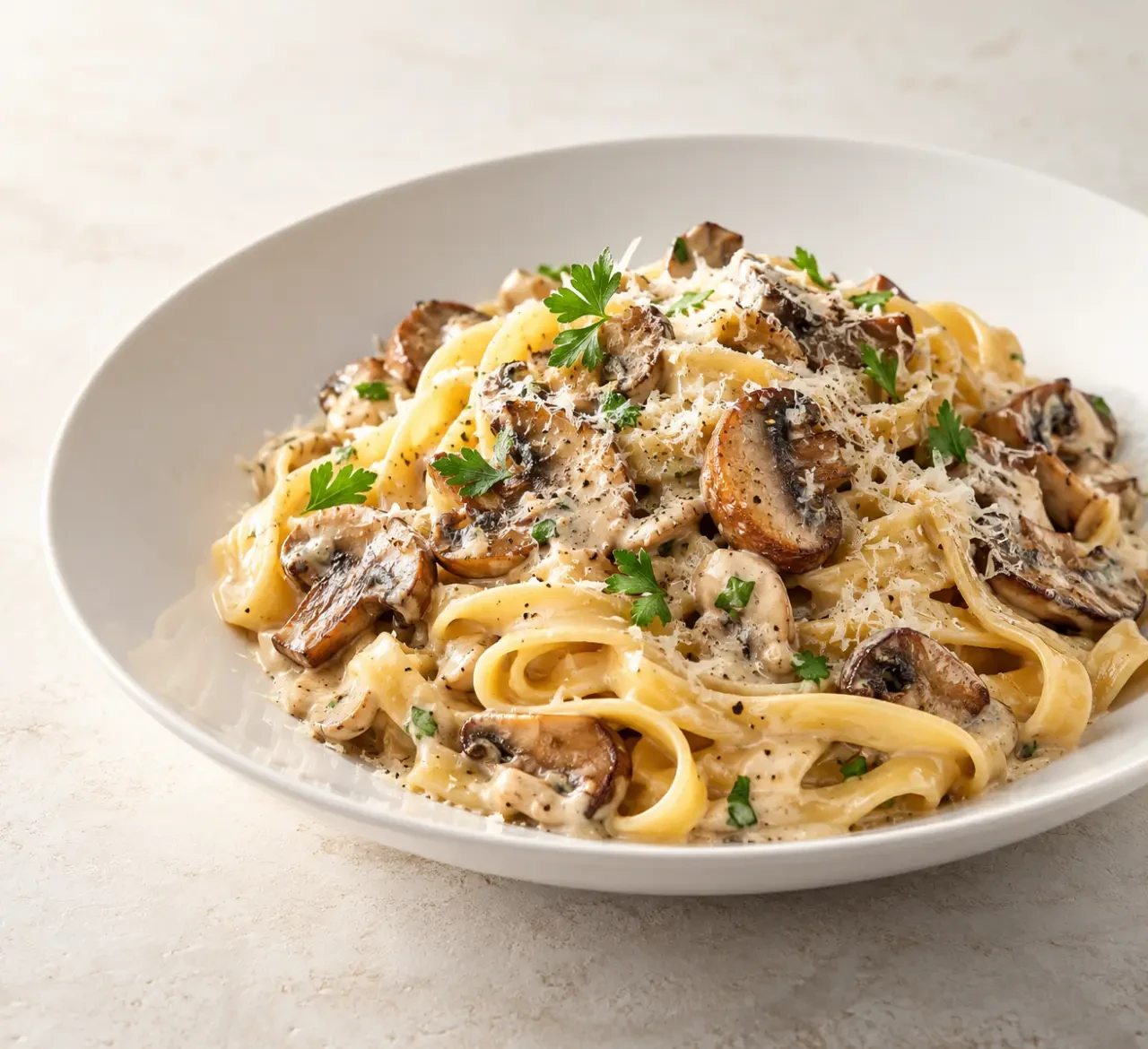 Recette avec des pâtes fraîches : tagliatelles aux champignons, crème et parmesan