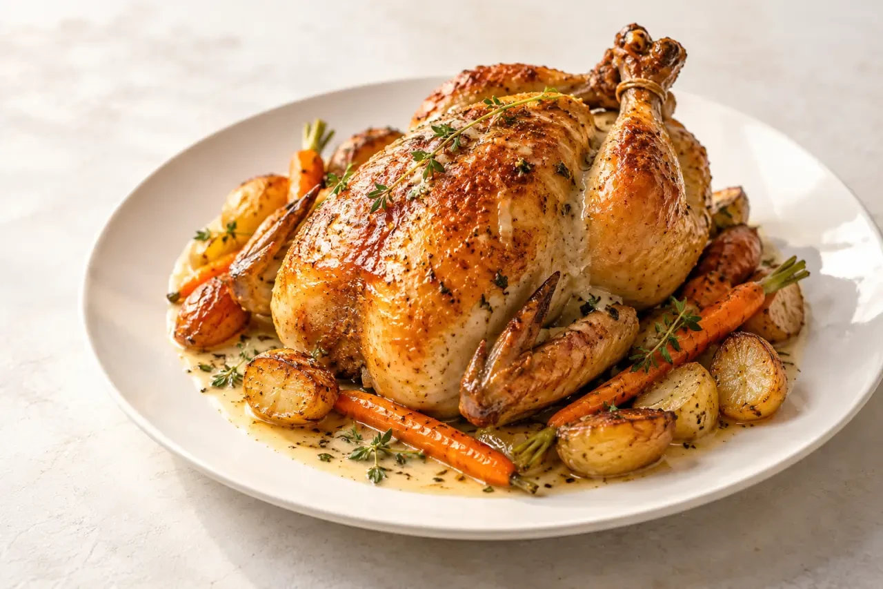 Recette de poularde en cocotte pour Noël, servie avec une sauce crémeuse au vin blanc et des légumes rôtis