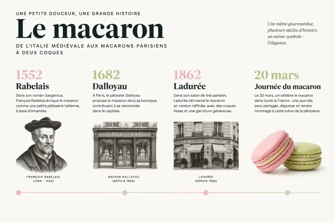 Frise chronologique de l'histoire du macaron, des origines italiennes au macaron parisien à deux coques
