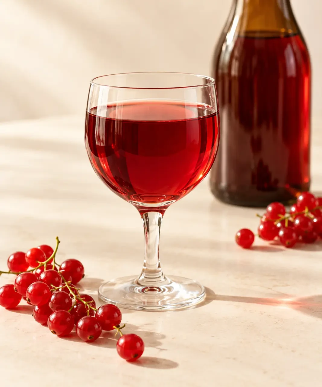 Recette de vin de groseille maison servi dans un verre avec des groseilles fraîches