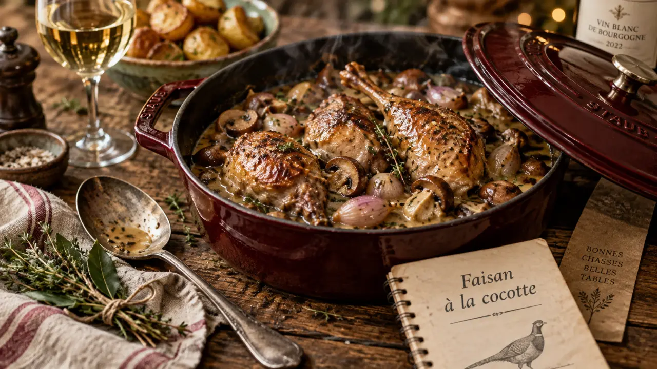 Faisans recettes : faisan en cocotte, cuisson en deux temps, sauce au vin blanc