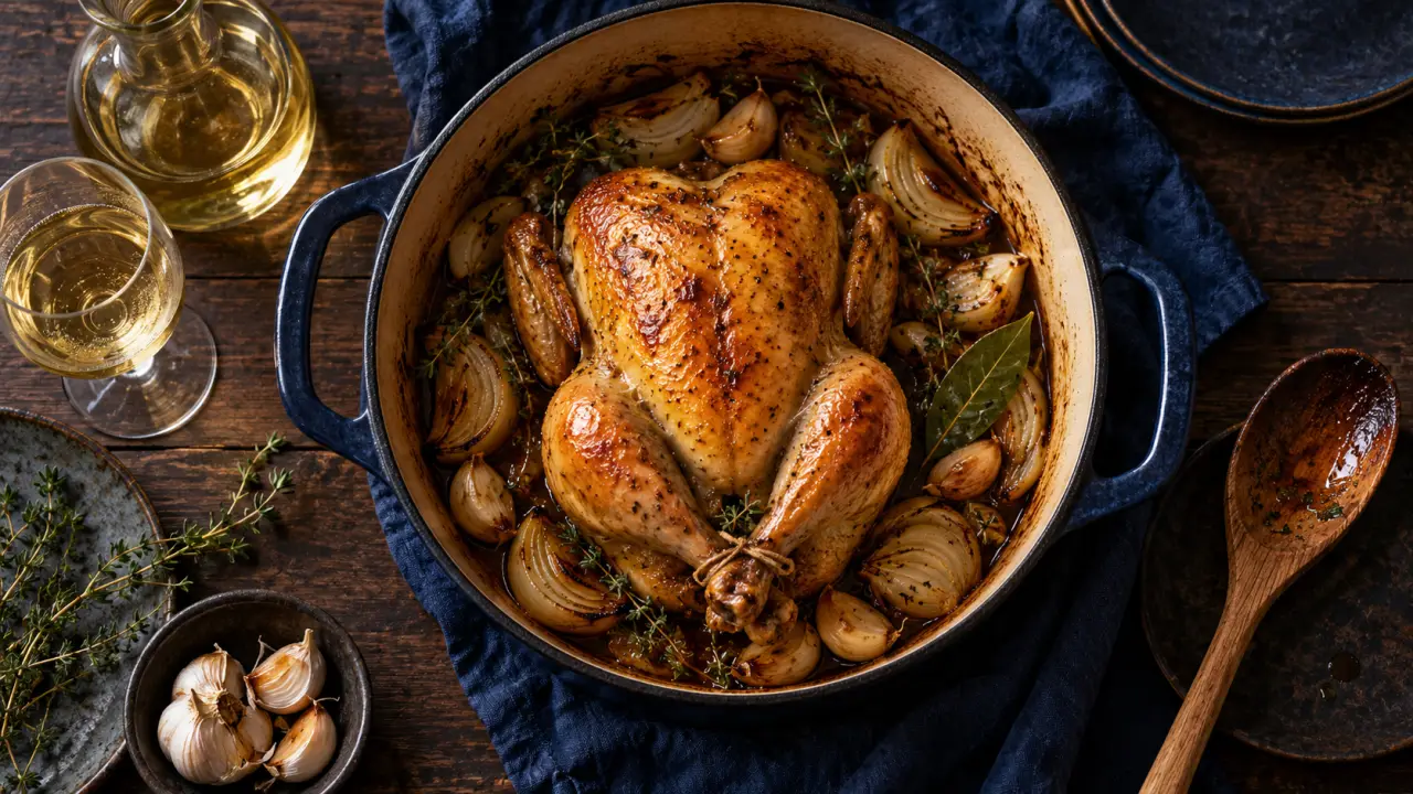 Recette de poularde en cocotte pour Noël, poularde dorée et vin blanc en sauce